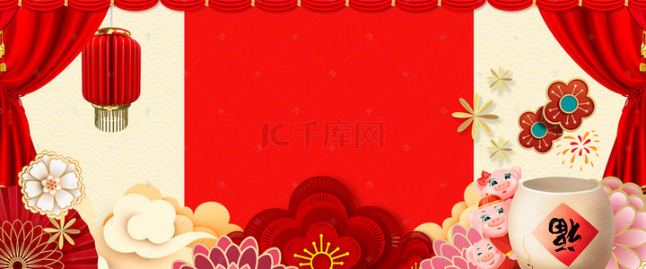立体剪纸风红色背景图片_猪年中国风剪纸喜庆春节红色背景