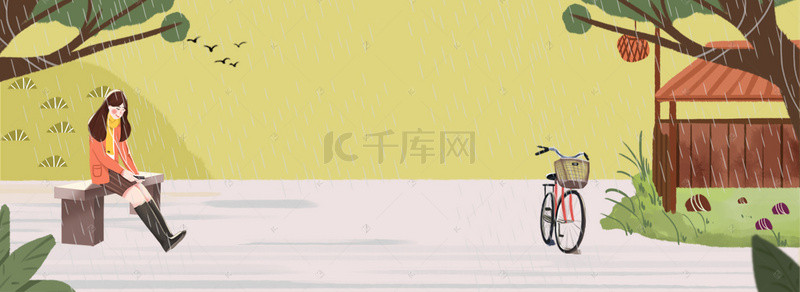 下雨插画背景图片_十月你好文艺雨中躲雨女孩插画海报