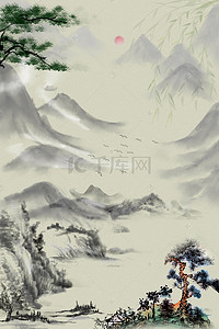 美术书法背景图片_中国风古韵山河水墨画平面广告