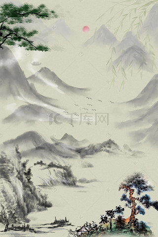 中国风古韵山河水墨画平面广告