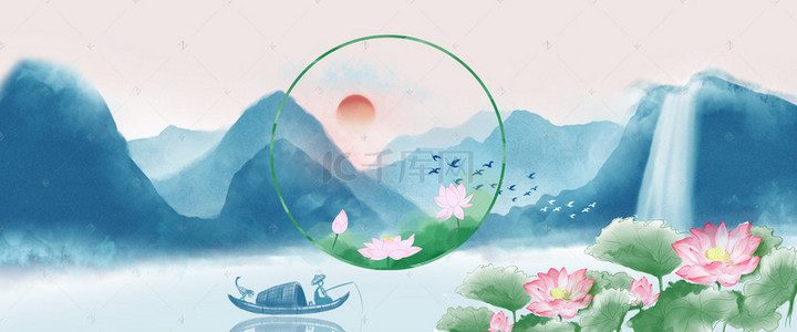 海报禅意背景图片_复古中国风六月荷花风景图