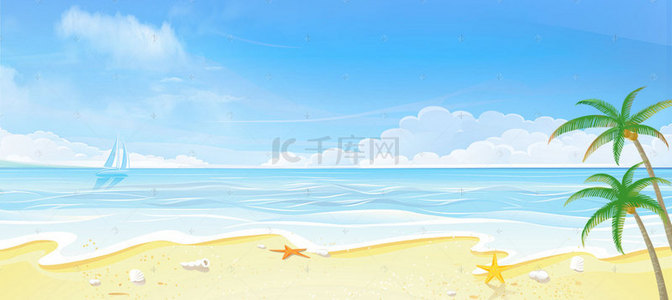 蓝色帆船背景背景图片_夏天海岛度假旅游插画蓝色背景
