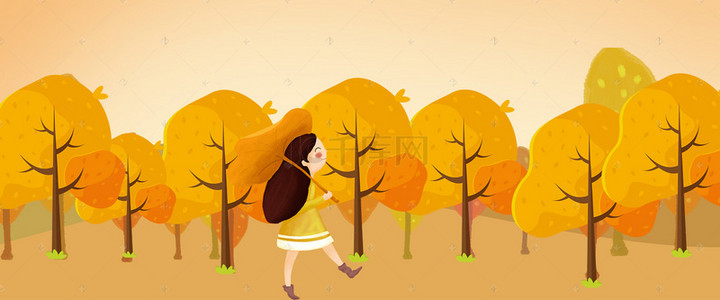 手绘秋天的树叶背景图片_秋天森林中的小女孩风景