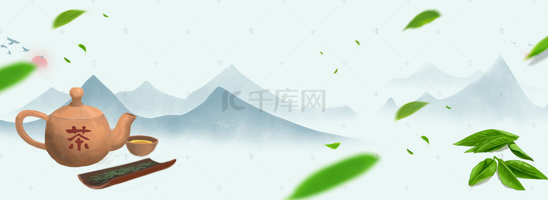 绿banner背景图片_春茶上市中国风扇子柳树绿banner