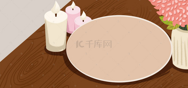卡通木纹背景图片_桌面上的蜡烛餐盘卡通清新banner