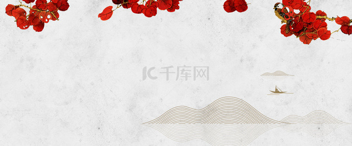 装修背景图片_春季纹理质感花朵树叶中国风灰banner