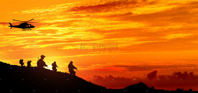 夕阳剪影背景图片_现代战争特种兵剪影背景