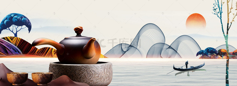 米色中式背景图片_米色新中式五月春茶节山水背景