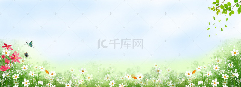 手绘红花背景图片_春季上新清新蓝天草地banner