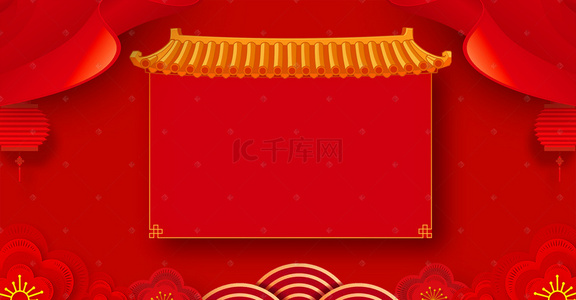 电商红色促销背景图片_年货节中国风花朵古建筑banner海报
