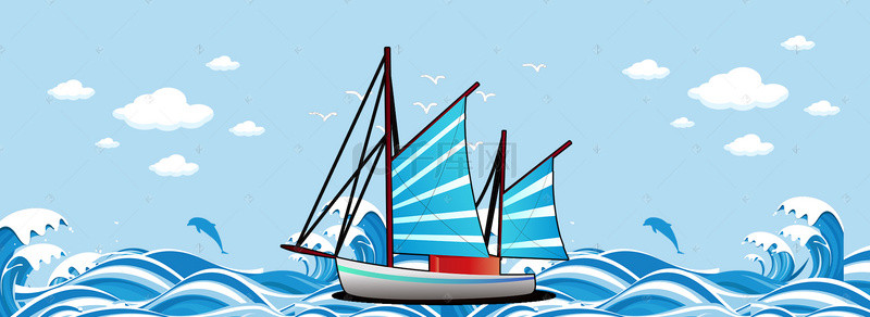暑期卡通旅游背景图片_暑假出海绿叶海浪卡通蓝色背景