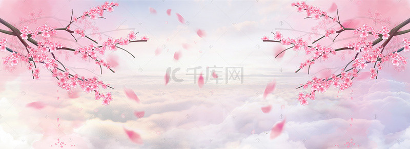 手绘桃花背景图片_桃花节文艺云层梦幻橙banner