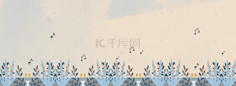 手绘暖色音乐符号植物背景图