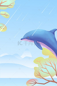手绘鲸鱼背景图片_手绘海豚鲸鱼蓝天广告背景