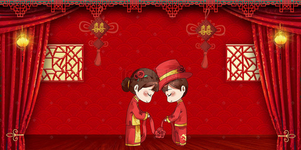 结婚结婚啦背景图片_红色爱心龙凤烛婚礼展板背景素材