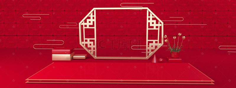 新春红色海报背景图片_年货节中国风C4D背景红色海报