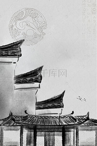 古风水墨手绘背景图片_中国风水墨建筑背景