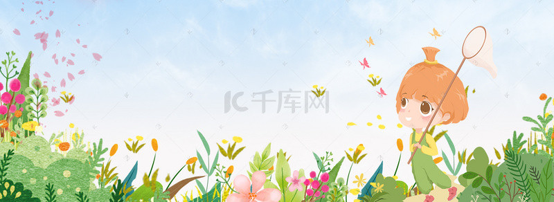 春季童装背景背景图片_立春捉蝴蝶的孩子电商淘宝背景