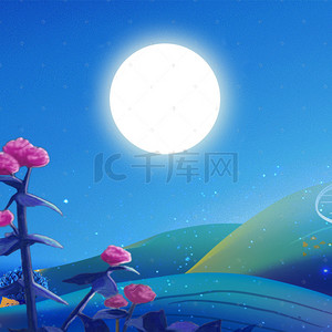 夏季夜晚背景图片_蓝色手绘清新夏季夜晚远山背景