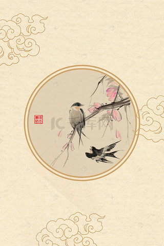 海报模板背景图片_典雅中国风花鸟画框海报背景模板