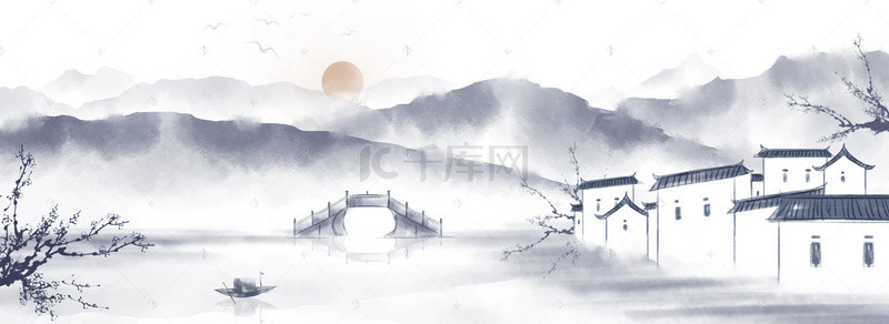 水墨山水风景图背景图片_复古中国风徽派建筑水墨风景