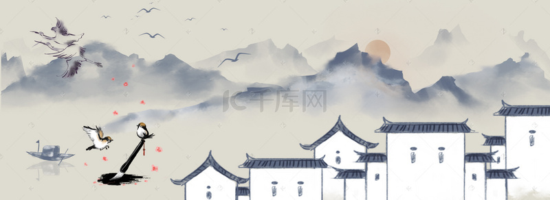 古代城门楼背景图片_中国古代水墨画banner背景图