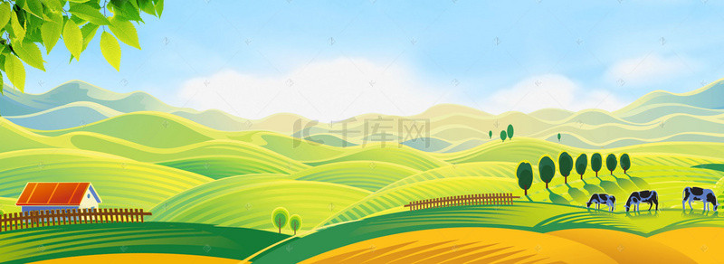 清新卡通动物背景背景图片_清新绿色阳光下牧场中的马背景