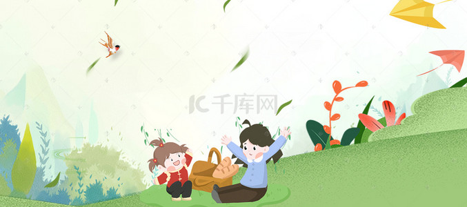 狂欢天猫卡通背景图片_踏春出游季绿色卡通banner