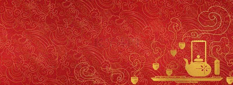 红金色背景底纹背景图片_茶壶和茶杯中国风红金背景