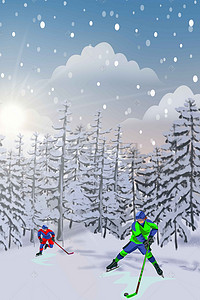 运动会海报背景图片_矢量卡通水彩手绘滑雪运动背景
