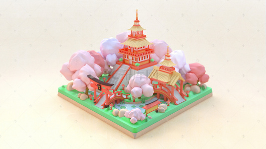 孟电商菲斯背景图片_C4D中国风孟菲斯色系寺庙模型