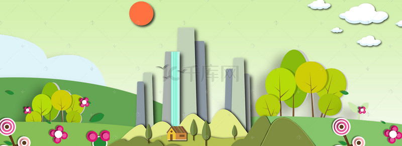 电商淘宝绿色背景图片_立体折纸城市自然景观电商淘宝背景