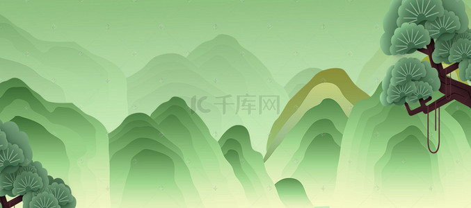 绿色山脉中国风剪影Banner海报背景
