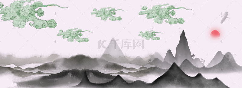 渐变扁平背景图片_矢量扁平化几何古风山水背景