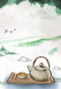 中国风茶具国风背景图片_复古水墨中国风茶道背景模板