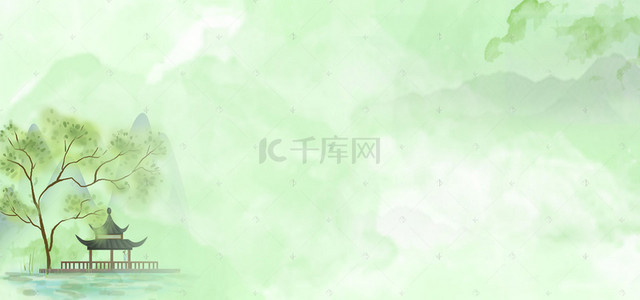 中式古风亭子烟雾扇子绿色背景
