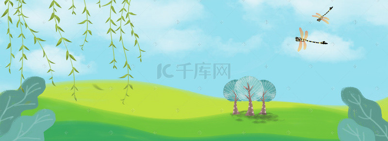 绿色踏青春季出游背景图片_出游季绿色卡通banner