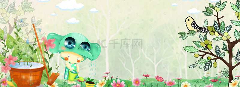 q版卡通人物背景图片_春天种花的小孩和小鸟