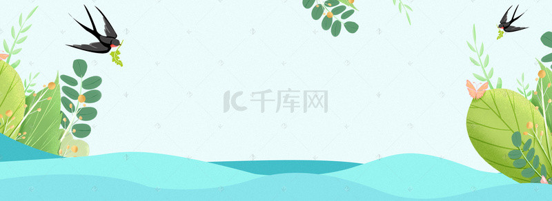 春季绿叶背景素材背景图片_春季上新文艺几何绿叶蓝banner