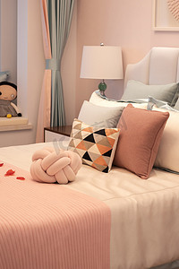 粉色靠背床垫少女心卧室摄影图配图