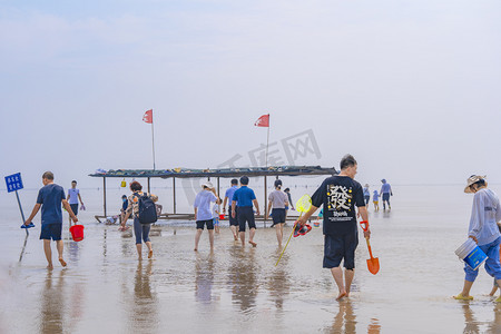 摄影照片_夏季游玩赶海挖噶啦的游客摄影图配图