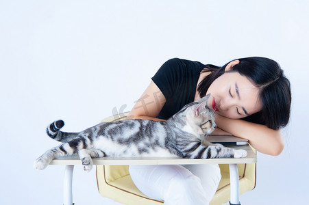 猫睡觉摄影照片_休闲办公白天美女与猫办公室守着睡觉的主人摄影图配图