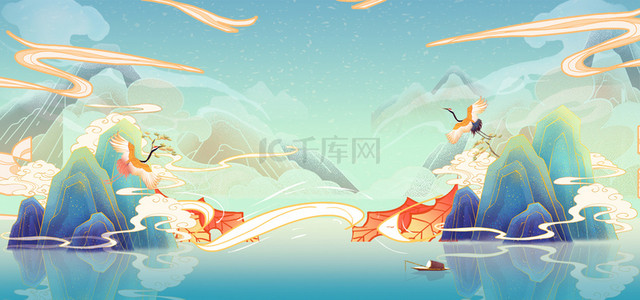 山背景图片_国潮山水鸟云蓝色创意banner