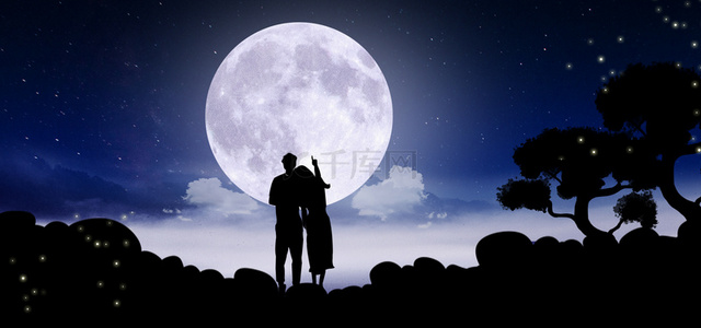 月下情侣月亮剪影背景