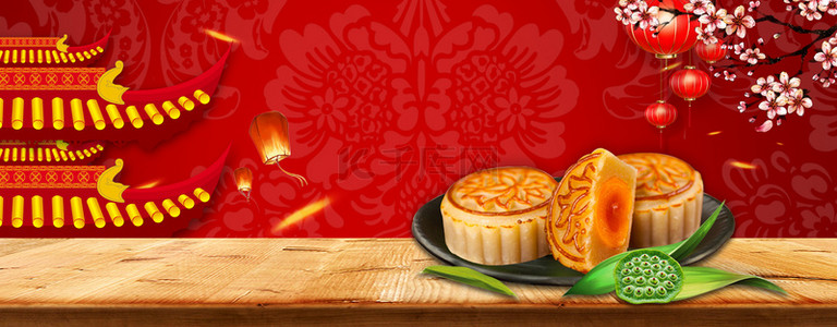 中秋节月饼食品古楼海报背景