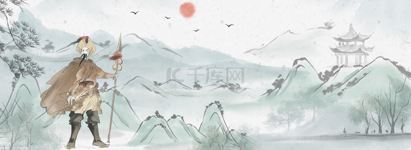 水墨水墨人物背景图片_水浒人物林冲风雪山神庙背景