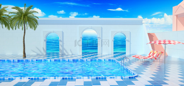 清凉狂暑季背景图片_夏天泳池蓝色c4d清凉