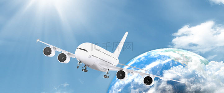 飞机蓝天背景背景图片_简约航空飞机创意背景合成