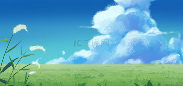 你好夏天背景图片_夏天夏日晴空蓝天白云草地背景