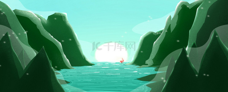 海洋扁平背景图片_绿色扁平青山绿水湖泊太阳